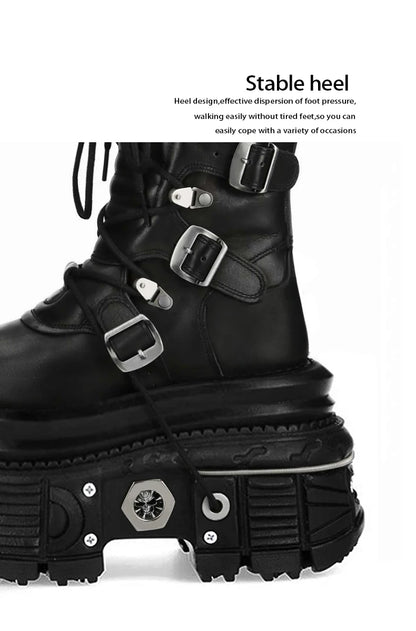 Metal Rivet Platform Cross Tie Motorcycle Boots Female Rock Round Head Fashion Retro Short Boots Goth Style Platform Boots