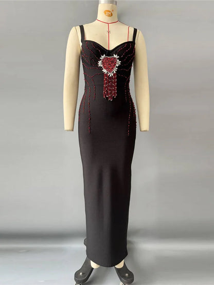 Sexy Spaghetti Strap Rhinestones Beads Tassels Bandage Dress Women Black Sleeveless Bodycon Dresses Maxi Evening Party...