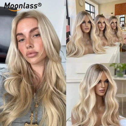 Moonlass Champagne Platinum Salon Hair Body Wave 100%Human Hair Wig 13x6Lace Front Wigs 180% Density Preplucked Transparent Lace