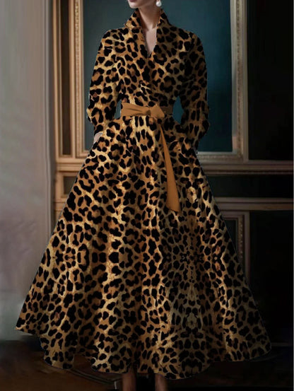 Leopard Print Long Sleeve Maxi Dress Women Stand Collar Boho Pocket Dress Party Guest Outfits for Spring Summer Evening Events