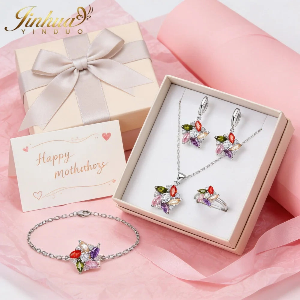 26 Wellness Jewelry Set 925 Sterling Silver Windmill Colorful Good Lucky CZ Necklace Earrings Bracelet Ring+Gift Box For Women