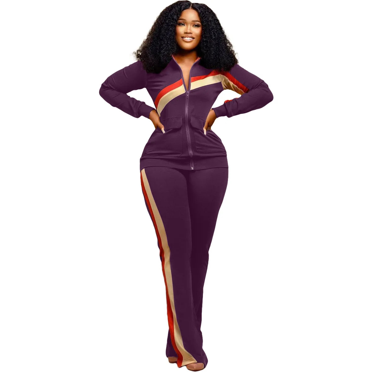 Custom LOGO Spring  Women's Sports Casual Fashion Color-matching Pocket Lapel Zipper Top Straight Pants Two-piece Set S-4XL
