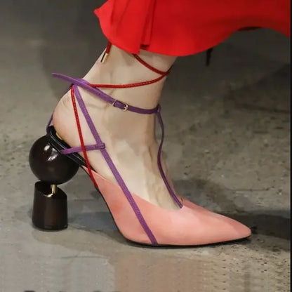 Sestito The Latest Lady Strange Style High Heels Pointed Toe Sandals Woman Ankle Strap Mixed Color Runway Shoes Girls Slingbacks - Kimlud