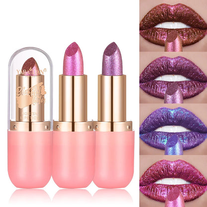 Metallic Violet Chameleon Lipstick Color Changing Matte Glitter Diamond Lipstick Waterproof Pearl Shine Lip Gloss Sexy Makeup