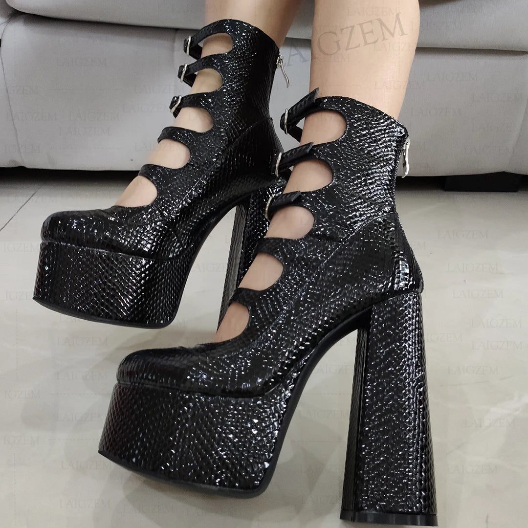 DOHBANER Women Pumps Round Toe Back Zip Block Chunky Heels Buckle Straps Sandals Cosplay Party Shoes Woman Big Size 39 40 45 47 - Kimlud