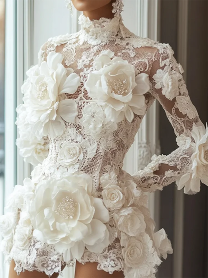 Luxury Cocktail Dresses High Collar Flowers Long Sleeves Mini Dress Exquisite High Quality Prom Party Gowns for Women Customized - Kimlud
