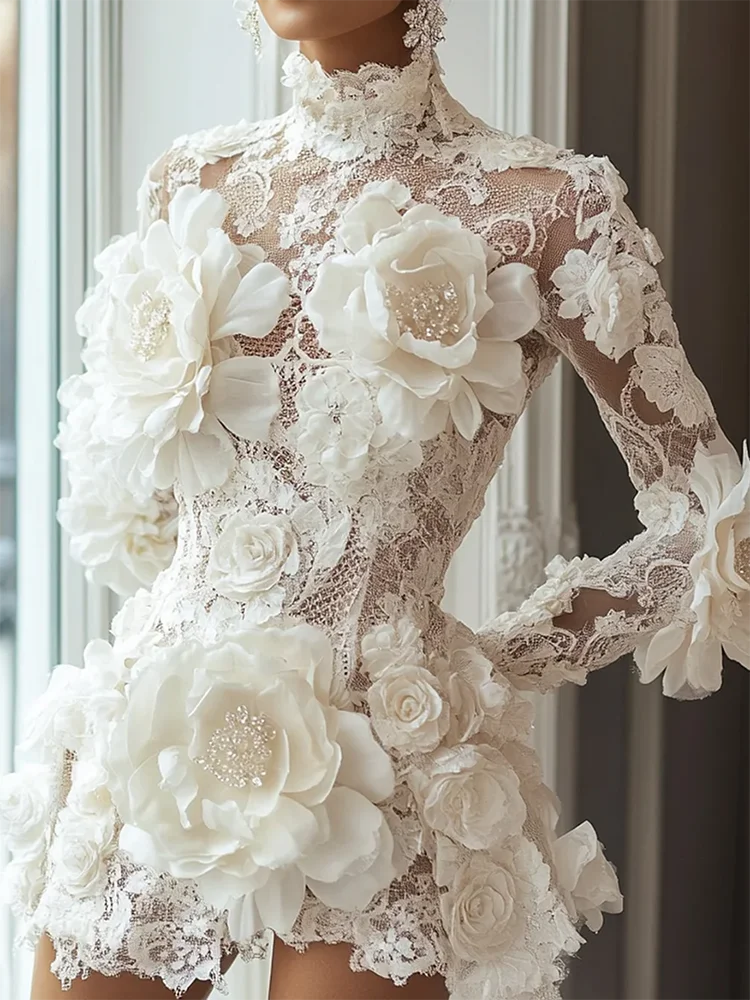 Luxury Cocktail Dresses High Collar Flowers Long Sleeves Mini Dress Exquisite High Quality Prom Party Gowns for Women Customized - Kimlud