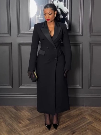 Elegant Black Long Dress with Notched Double Breasted Design Slim Fit Suitable for Formal Occasions Evening Outings Outerwear