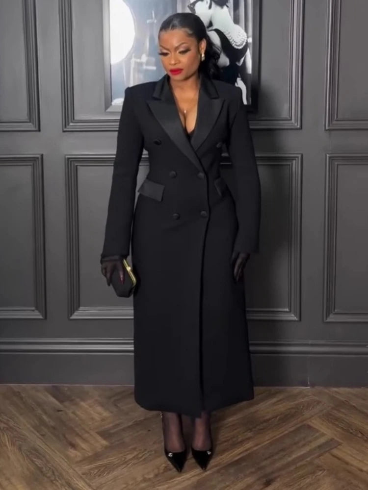 Elegant Black Long Dress with Notched Double Breasted Design Slim Fit Suitable for Formal Occasions Evening Outings Outerwear