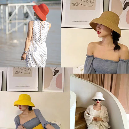 New Summer Sun Hats Ladies Solid Plain Elegant Wide Brim Hat Female Round Top Panama Floppy Straw Beach Hat Women |...