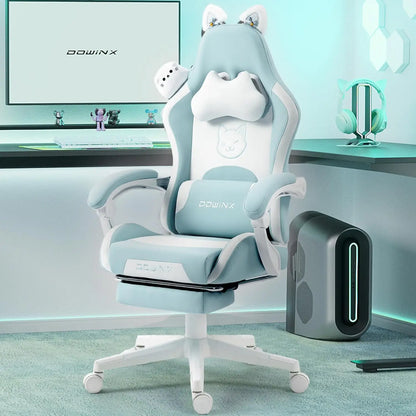 Cute Cat Ear Gaming Chair with Massage Lumbar Support, Ergonomic Reclining Computer Chair for Girls and Adults, Blue...