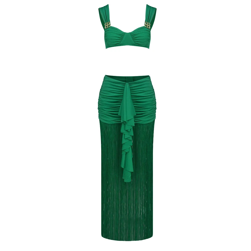 VC Fashion Summer Beach Green Tassel Dress And Cropped Top Set Ruched Waist Design for Vacation Party