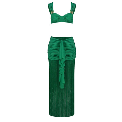 VC Fashion Summer Beach Green Tassel Dress And Cropped Top Set Ruched Waist Design for Vacation Party