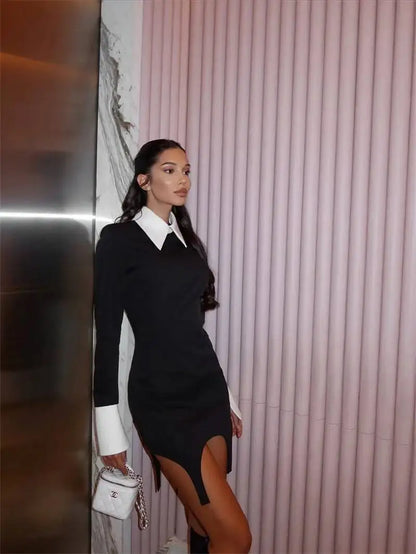 Blifanbo Polo Collar Elegant Sexy Mini Dress Women Gown Autumn Winter Irregular Long Sleeve Patchwork Club Party Dress Female