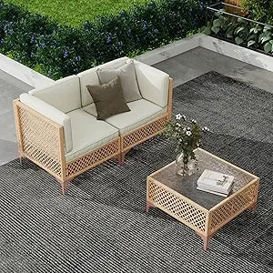 Outdoor Patio Furniture Set, Wicker Outdoor Sectional Set, Boho Patio Conversation Sectional Sofa with Large Tempered...
