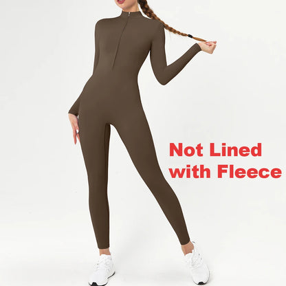 Warm Longsleeve Jumpsuts Women Thickened Sport Overalls Gym Set Zipper Fitness Bodysuits Winter Jumpsuit Workout Tracksuit - Kimlud