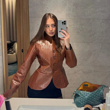 Street Print Pu Leather Women Jacket Fashion Long Sleeve O-neck Single Breasted Female Outwear 2026 Autumn Lady...