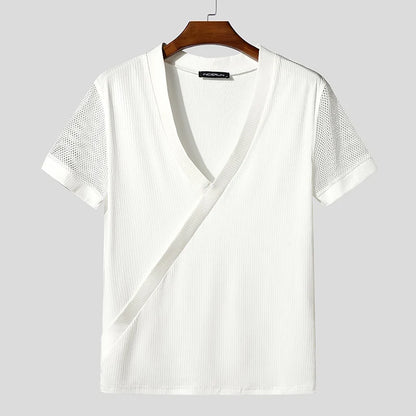 INCERUN Men T Shirt Mesh Patchwork V Neck Short Sleeve Male Tee Tops Summer Streetwear 2025 Fashion Casual Men Clothing S-5XL - Kimlud