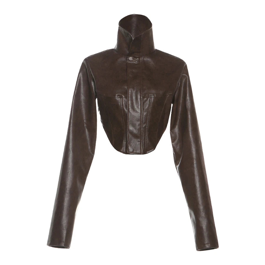 Nibber Hottie Crop Jacket Women Turtleneck Pu Irregular Zip Button Full Sleeve Wild Sexy Street Midnight Autumn Hipster...