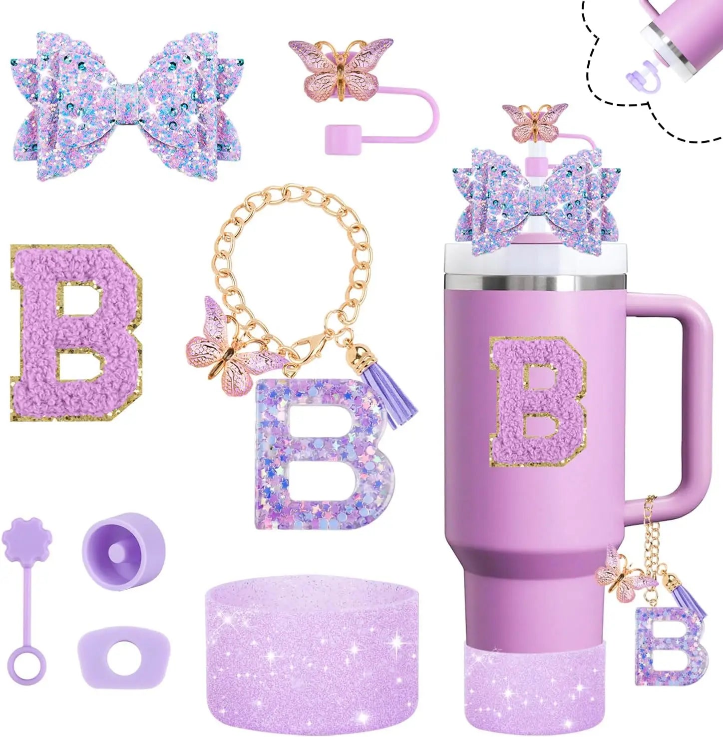 8pcs Cup Accessories Set for Stanley Cup 30oz 40oz tumbler Straw Topper Cover, Boot, Spill Proof Stoppers, Handle Charms Sticker