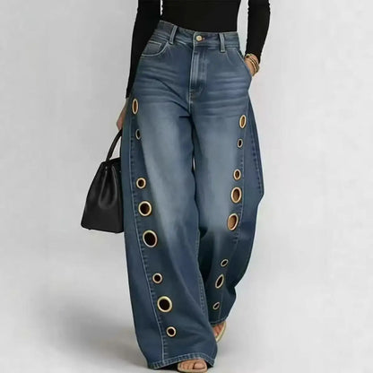 Y2K Streetwear Women Wide‑Leg Denim Pants Asymmetric Two‑Tone Splicing Polka Dot Print Eyelet Hole Detail Loose Baggy Jeans