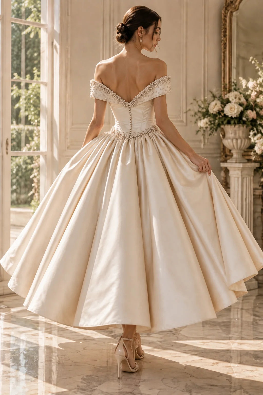 Wedding Dresses Women Luxury Pearl Beaded Off Shoulder Satin A Line Bridal Gown Princess Long Formal Dress Bride...