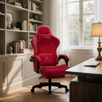 Gaming Chair with Built-in Speakers & Bluetooth, Ergonomic Reclining Design with Footrest for Adults - Red Velvet