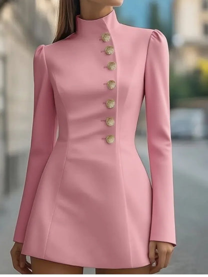 Spring Women's Elegant Stand Blazer Dress Fashion Single-breasted Solid Mini Dress Casual Long Sleeve Slim Party A-line Dresses