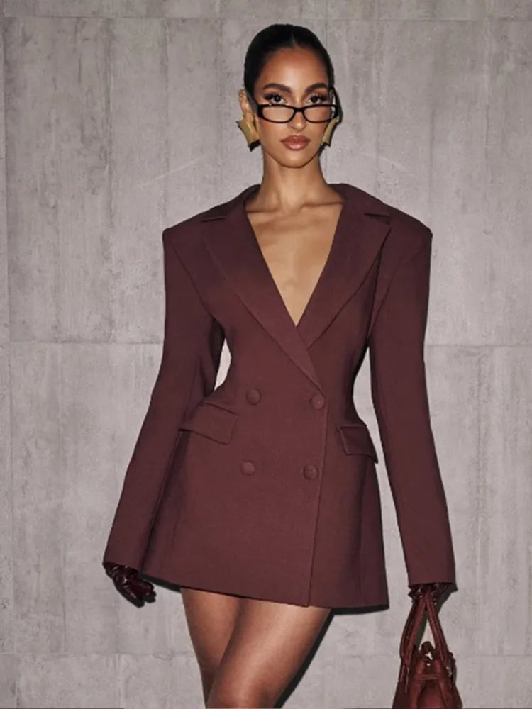 Solid Waist Cinching Blazer Dress Women Chic Long Sleeves Lapel V-neck Double Breasted Slim Short Dresses Lady Daily Street Gown