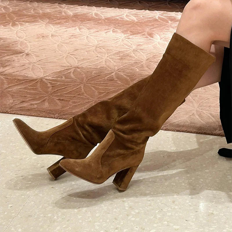 High Heels Knee High Women's Boots Snow Warm Long Boots Woman Shoes Winter 2025 Sexy Suede Shoes Dress Pumps Mujer Chelsea Botas