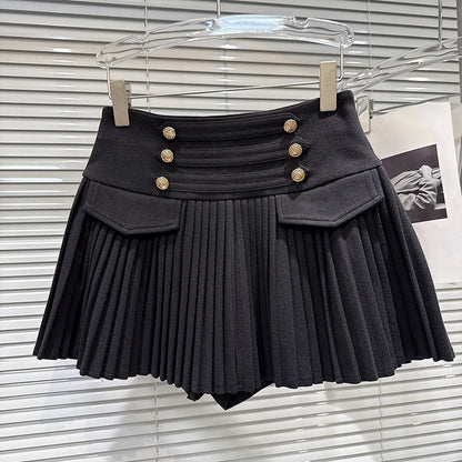 DEAT Trendy 2026 Autumn New Elegant Double Breasted Faux Woolen High-Waisted Pleated Skirt For Women A-line Skirts 11C320