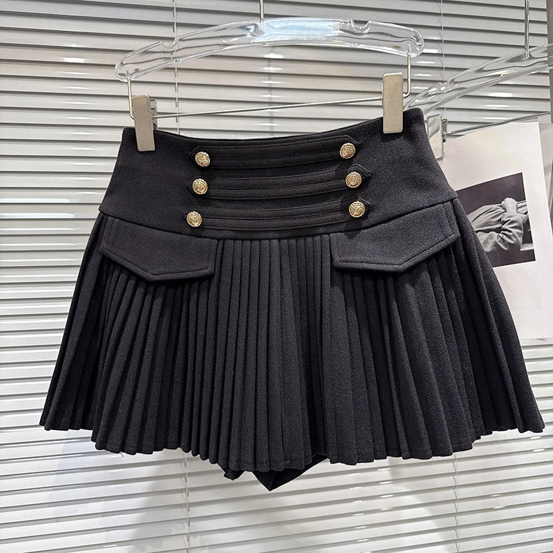 DEAT Trendy 2026 Autumn New Elegant Double Breasted Faux Woolen High-Waisted Pleated Skirt For Women A-line Skirts 11C320