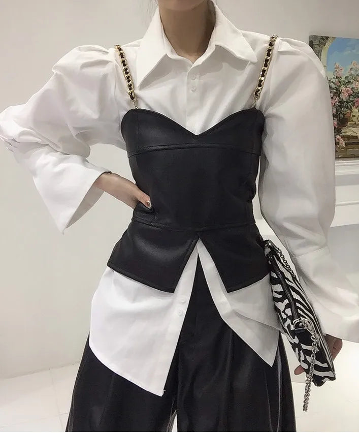Spring Loose Bubble Sleeved Shirt Y2k White Shirts Women Chain PU Leather Vest Top Blusas Mujer De Moda 2024 Casual 2 Sets - Kimlud
