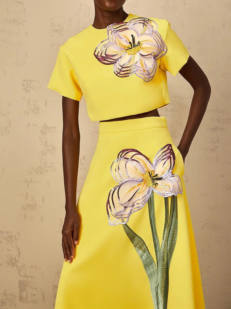 VGH Spliced Appliques Two Piece Set for Women O Neck Short Sleeve Top High Waist A Line Temperament Skirt Outfits Female Fashion