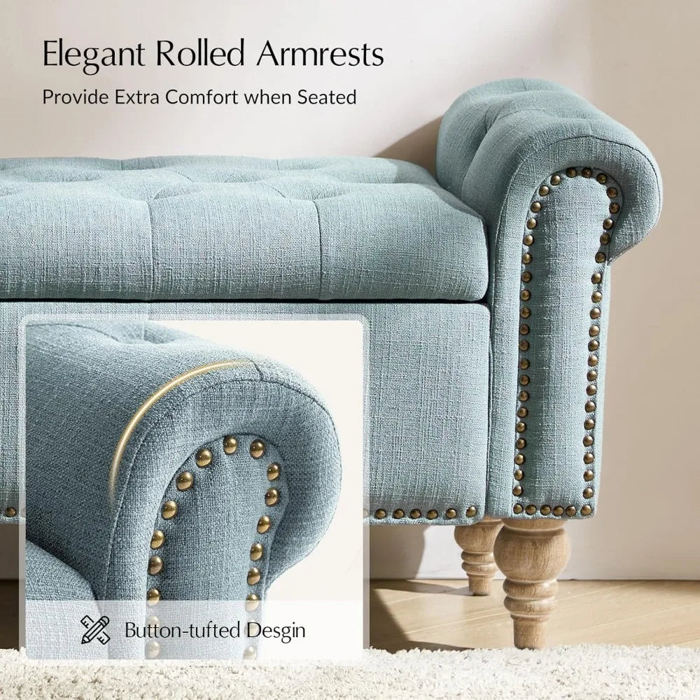 Farmhouse Upholstered Storage Bench, End of Bed Bench with Vintage Button Tufted Design(Blue)