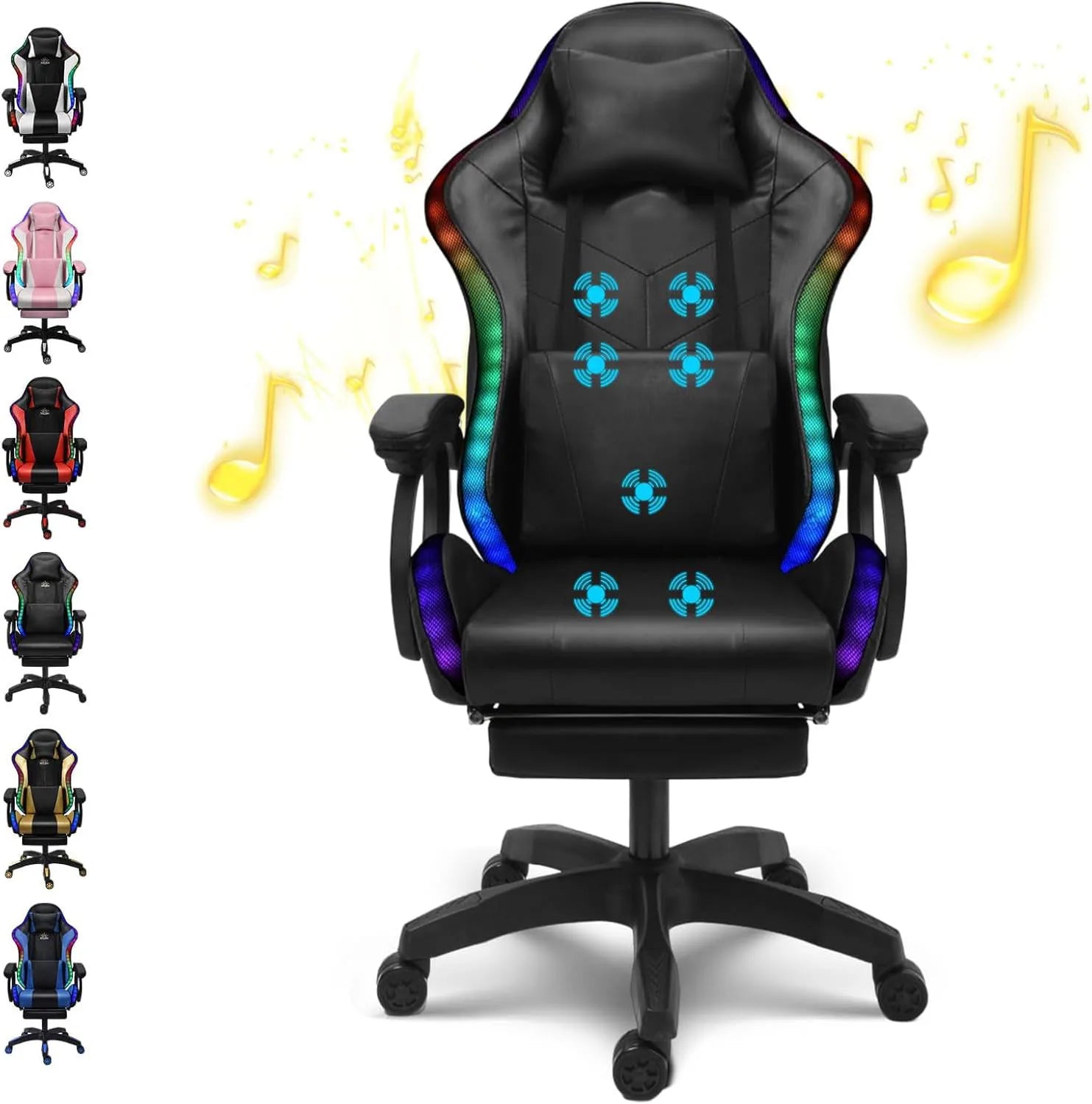 Gaming Chair with Speakers & RGB LED Lights Ergonomic Computer Gaming Chair with Footrest Music Video Game Chair