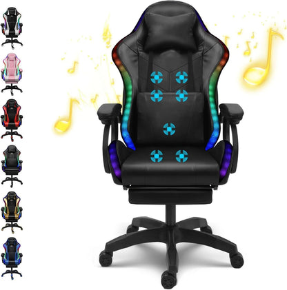 Gaming Chair with Speakers & RGB LED Lights Ergonomic Computer Gaming Chair with Footrest Music Video Game Chair