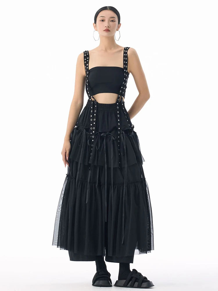 [EAM] High Elastic Waist Coffee Mesh Perspective Ribbon Strap Half-body Skirt Women Fashion Tide New Spring Autumn 2026 1DJ5044
