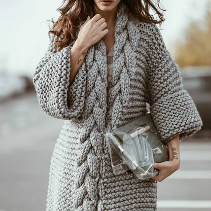 Hand-woven Split Wild Tassels Hook Twist Sweater Coat Crocheted Cardigan Autumn and Winter Thick Long Lantern Sleeve...