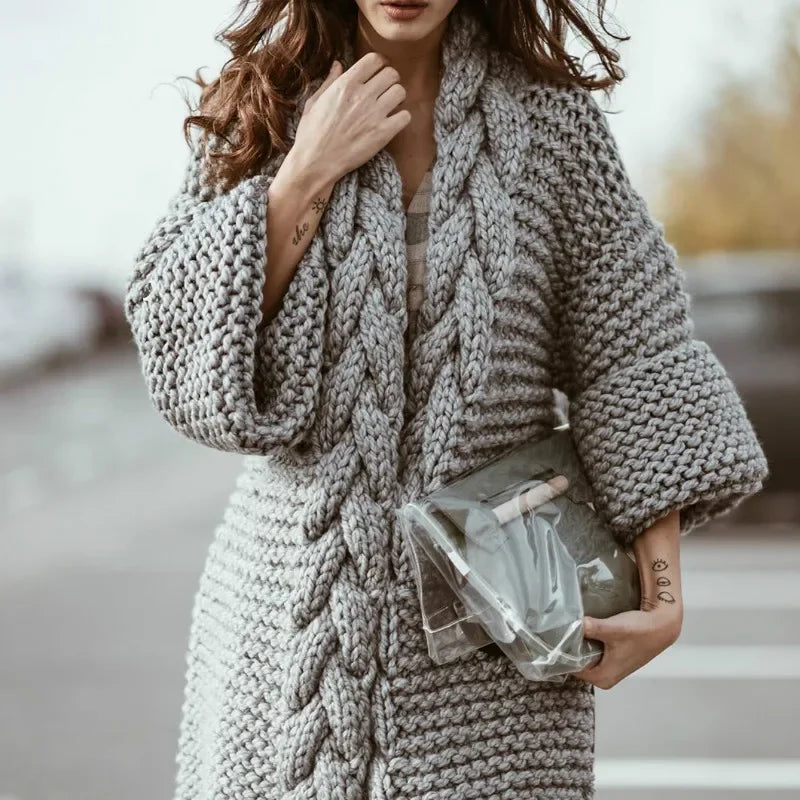 Hand-woven Split Wild Tassels Hook Twist Sweater Coat Crocheted Cardigan Autumn and Winter Thick Long Lantern Sleeve...