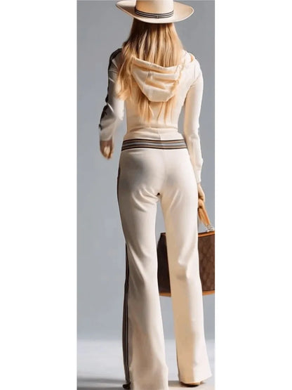 Contrast Color Stitching Pit Strip Knitted Jumpsuit New Women's Spring Autumn Long-sleeved Zippered Long-sleeved Hooded Jumpsuit - Kimlud