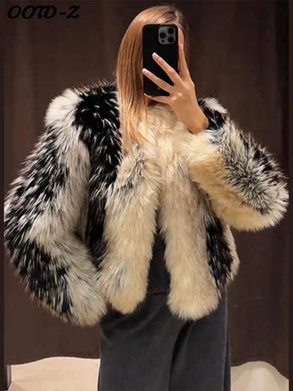 Stylish Contrast Faux Fur Women Coat Elegant O-neck Single Breasted Full Sleeve Female Coats 2025 Winter Chic Lady Jacket