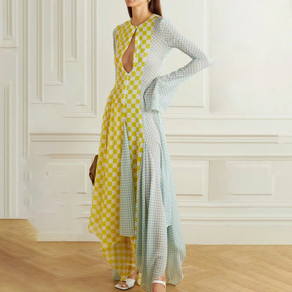 Elegant Patchwork Plaid Dinner Party Dresses Button Inserts Long Sleeves Asymmetric Vibrant Evening Gown for Performance