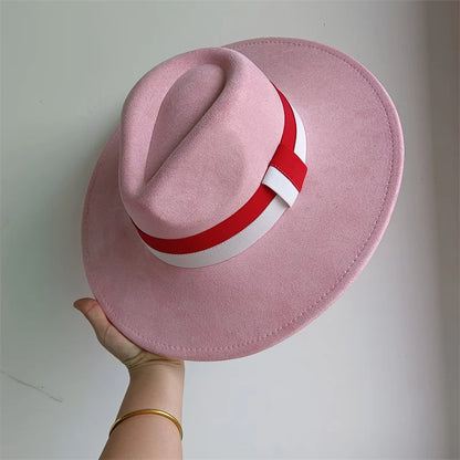 Colorblock Ribbon Colorful Suede Hat Autumn and Winter Women's Felt Hat Wide Brim Hat British Style Retro Men's Gorras Hombre - Kimlud