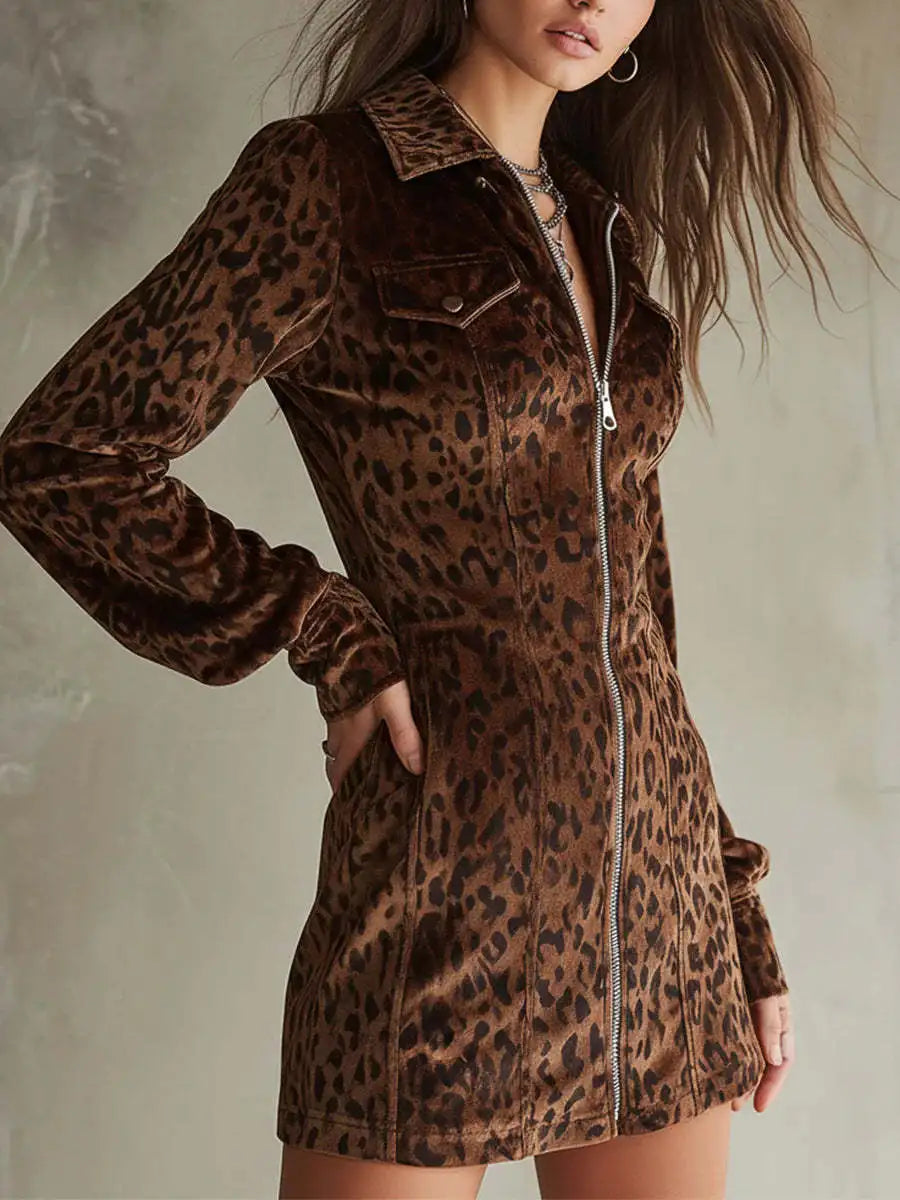 Fashion Retro Suede Mini Dress Leopard Print Lapel Long Sleeve Zipper Dress Spring Autumn Party Bodycon Dresses with Pocket - Kimlud