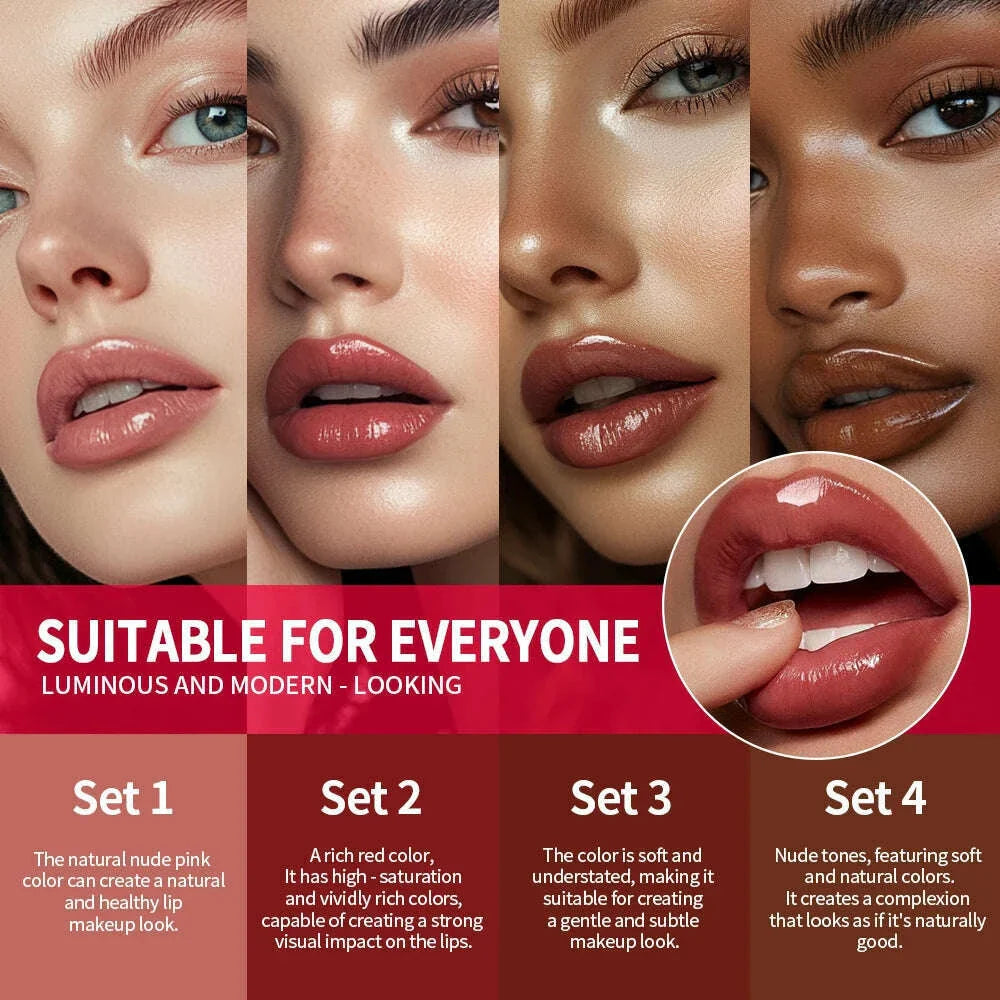 3pcs Lip Makeup Set Lip Liner Lip Gloss Lipstick Mirror Effect Beep Lips High Color Long-lasting Hydrates Travel Mini Set