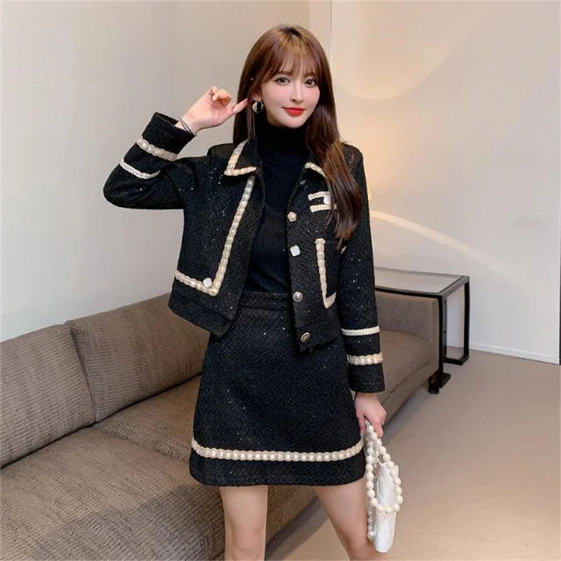 Female Xiaoxiang Style Short Jacket Tops Skirt 2 Piece Set Autumn Winter Lady Tweed Wool Jacket Mini Skirts 2PCS Women...
