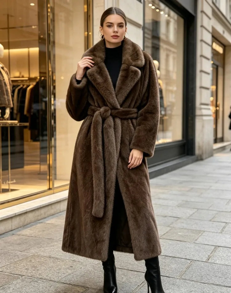 2026 Streetwear Fur Coat Women X-long Faux Mink Fur Overcoat Winter Thicken Turndown Collar Sashes Loose Outerwear Female Coats
