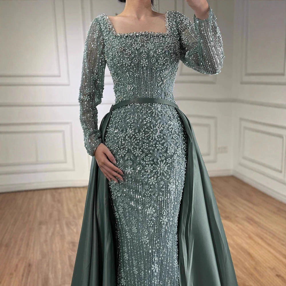 Serene Hill Customized Arabic Caramel Mermaid With Overskirt Beaded Evening Dresses Luxury Gowns For Formal Occasion...