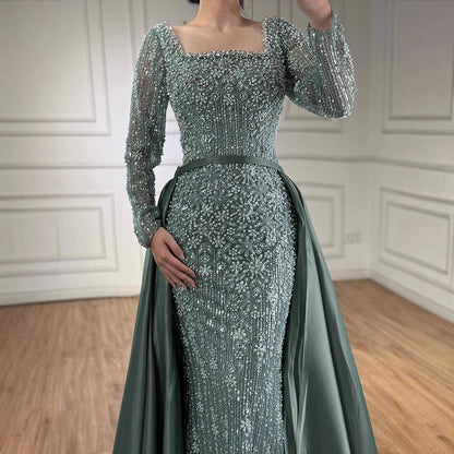 Serene Hill Customized Arabic Caramel Mermaid With Overskirt Beaded Evening Dresses Luxury Gowns For Formal Occasion...
